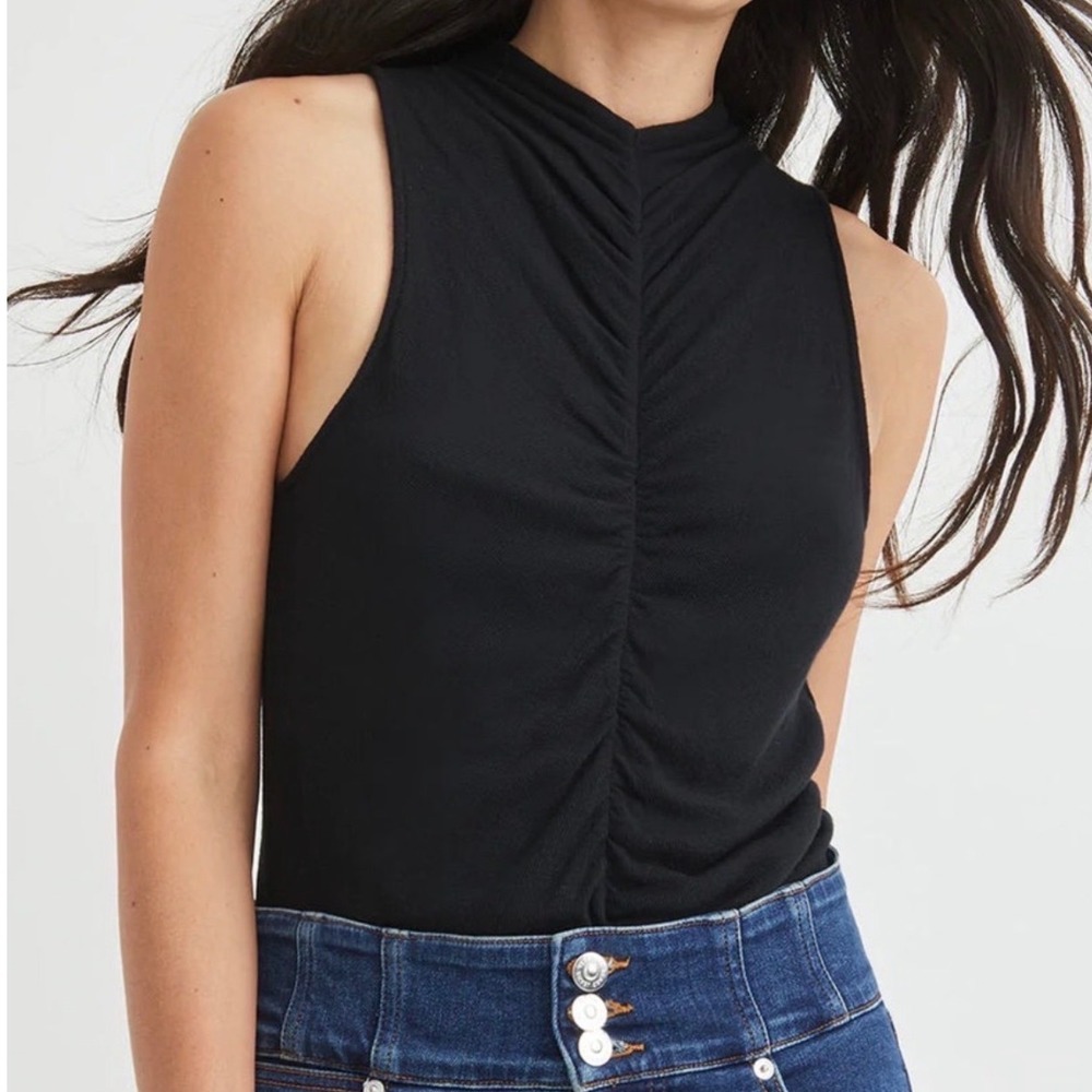 Veronica Beard Jeans Vargas Tank Top S Black Ruched Mock Neck Modal Stretch